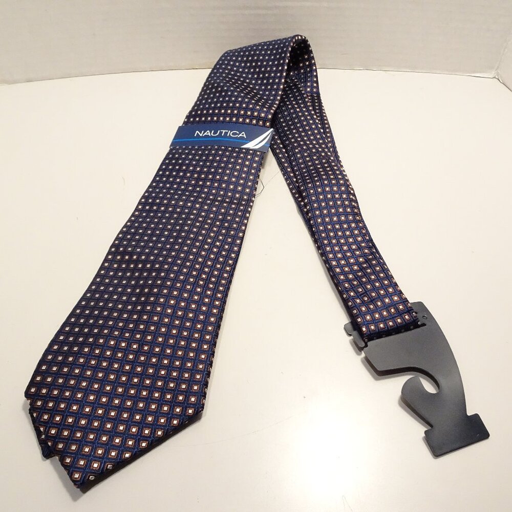 NAUTICA Men's 100% Silk Necktie Designer Geometric Blue Brown Classic NWT Office